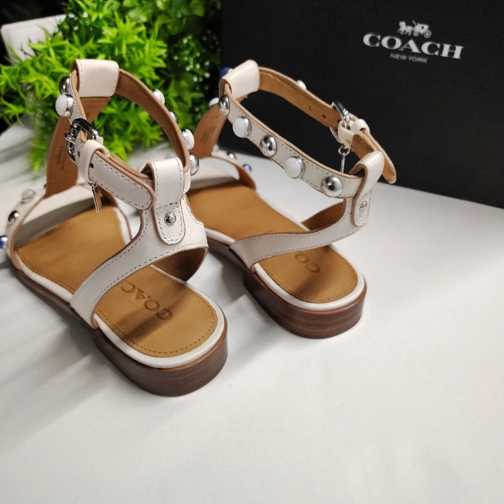 Coach Sadie T-Strap Sandals Chalk Leather Ankle Strap Q8973 NIB